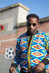 African Bomber Jacket In Blue Kente Print - Continent Clothing 