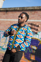 African Bomber Jacket In Blue Kente Print - Continent Clothing 