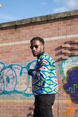 African Bomber Jacket In Blue Kente Print - Continent Clothing 
