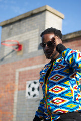 African Bomber Jacket In Blue Kente Print - Continent Clothing 