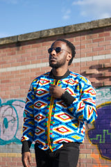 African Bomber Jacket In Blue Kente Print - Continent Clothing 