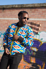 African Bomber Jacket In Blue Kente Print - Continent Clothing 