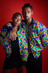 African Bomber Jacket In Electric Blue Kente Print - Continent Clothing 
