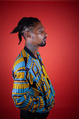 African Bomber Jacket In Electric Blue Kente Print - Continent Clothing 