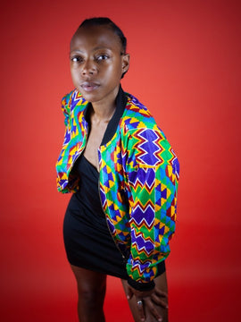 African Bomber Jacket In Electric Blue Kente Print