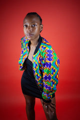 African Bomber Jacket In Electric Blue Kente Print - Continent Clothing 