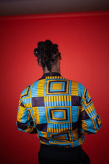 African Bomber Jacket In Electric Blue Kente Print - Continent Clothing 