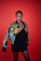 African Bomber Jacket In Electric Blue Kente Print - Continent Clothing 