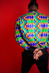 African Bomber Jacket In Electric Blue Kente Print - Continent Clothing 