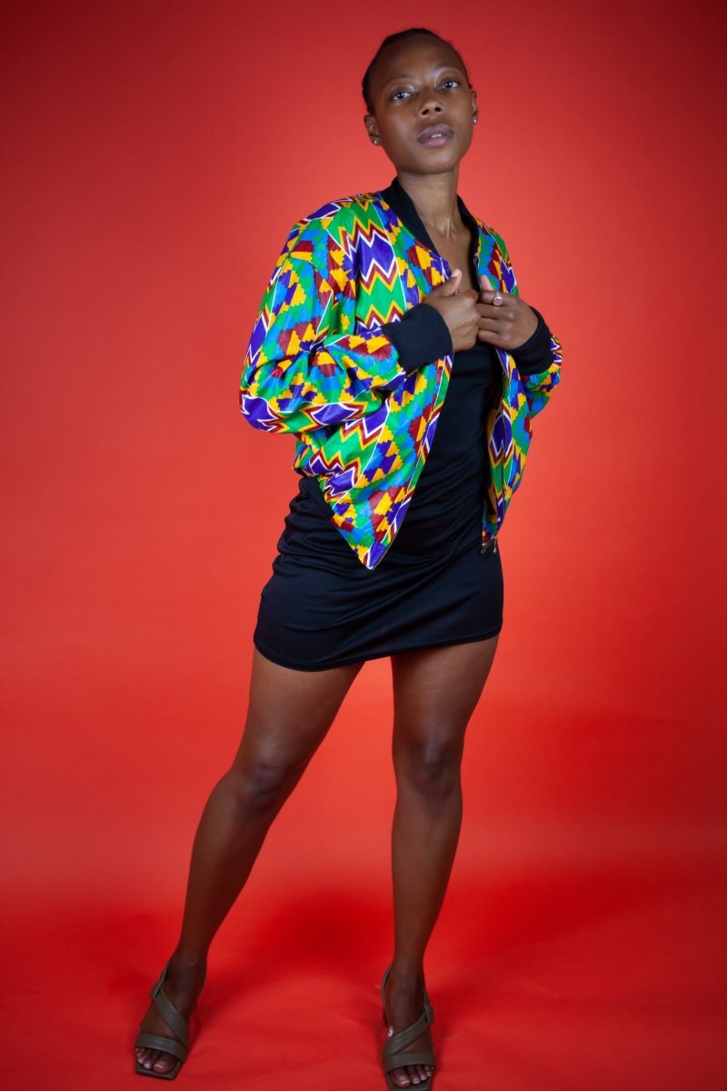 African Bomber Jacket In Electric Blue Kente Print - Continent Clothing 