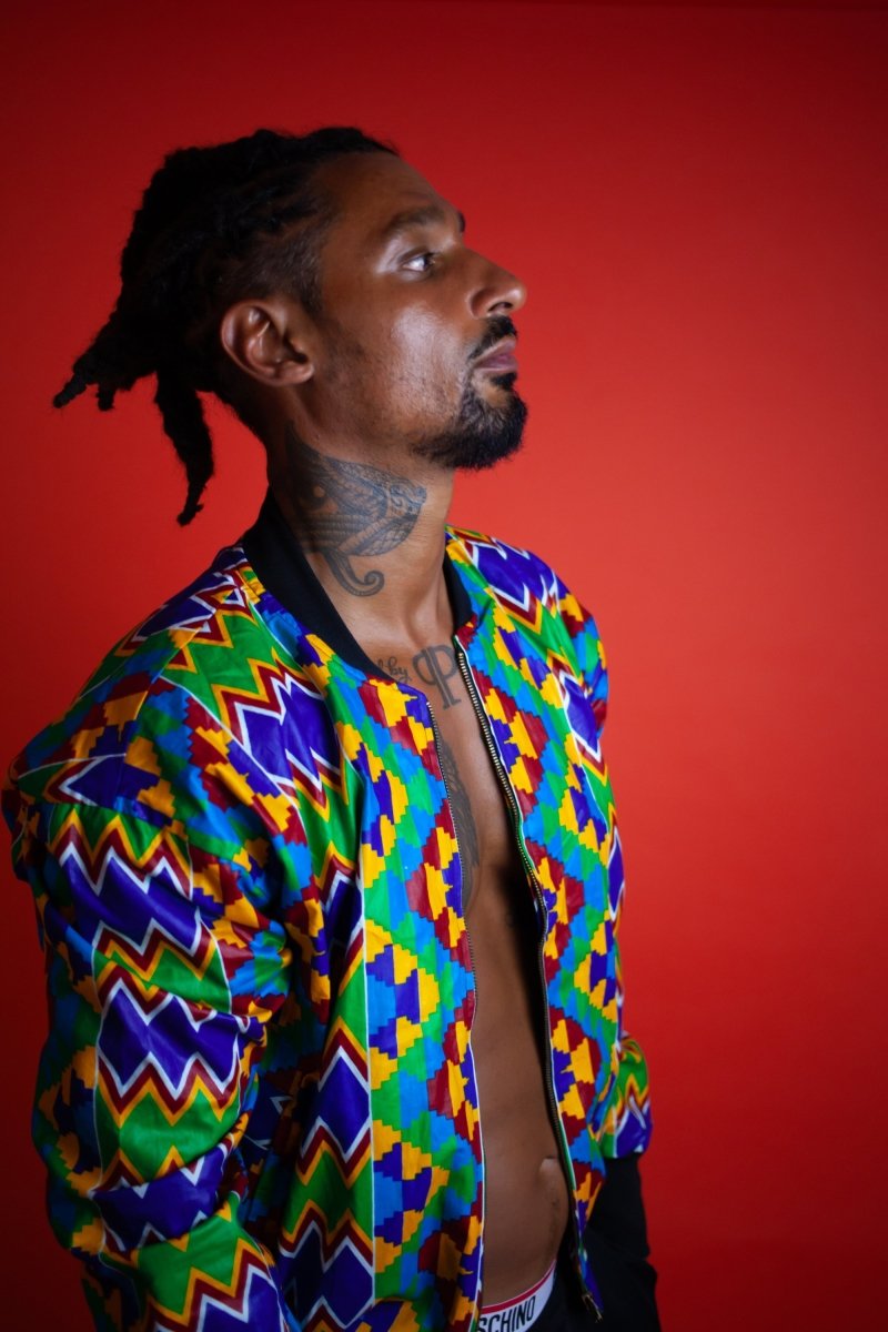 African Bomber Jacket In Electric Blue Kente Print - Continent Clothing 