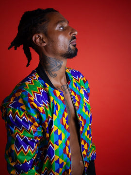 Chaqueta bomber africana en eléctrico azul Kente impresión