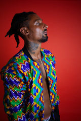 African Bomber Jacket In Electric Blue Kente Print - Continent Clothing 