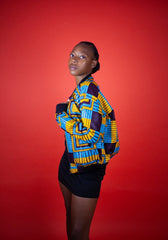 African Bomber Jacket In Electric Blue Kente Print - Continent Clothing 