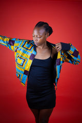 African Bomber Jacket In Electric Blue Kente Print - Continent Clothing 