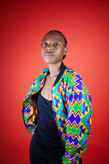 African Bomber Jacket In Electric Blue Kente Print - Continent Clothing 