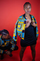 African Bomber Jacket In Electric Blue Kente Print - Continent Clothing 
