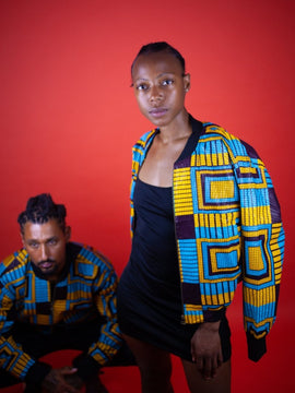 African Bomber Jacket In Electric Blue Kente Print