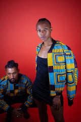 African Bomber Jacket In Electric Blue Kente Print - Continent Clothing 