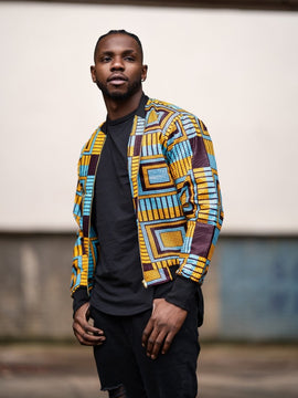Chaqueta bomber africana en eléctrico azul Kente impresión