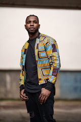 African Bomber Jacket In Electric Blue Kente Print - Continent Clothing 
