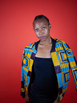 African Bomber Jacket In Electric Blue Kente Print
