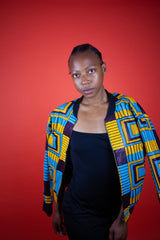 African Bomber Jacket In Electric Blue Kente Print - Continent Clothing 