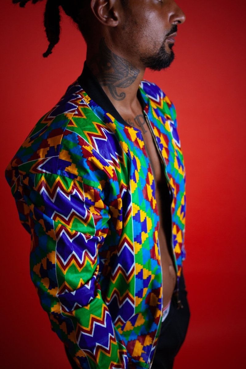 African Bomber Jacket In Electric Blue Kente Print - Continent Clothing 