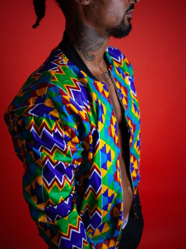 Chaqueta bomber africana en eléctrico azul Kente impresión