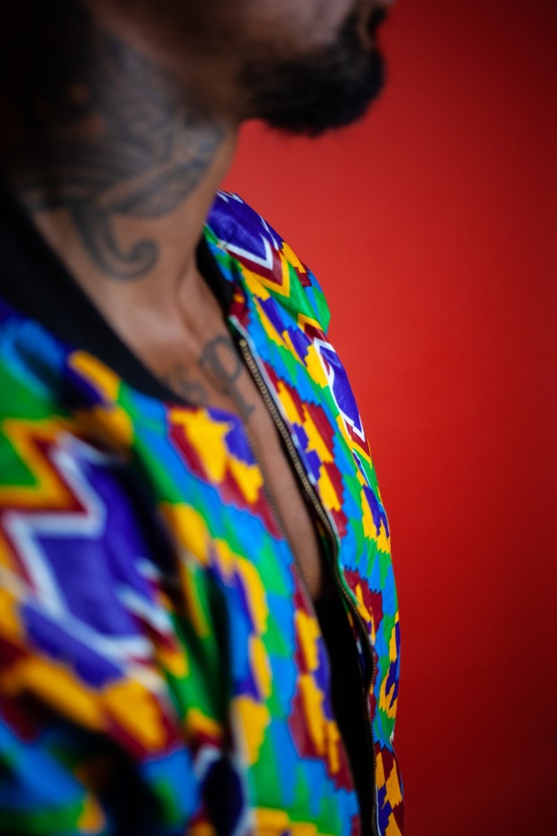 African Bomber Jacket In Electric Blue Kente Print - Continent Clothing 