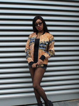 African Bomber Jacket in Gold Orange Print - Festival Jacket