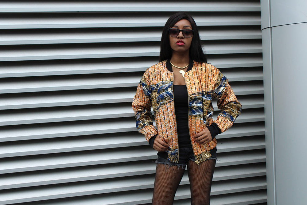 African Bomber Jacket in Gold Orange Print - Festival Jacket - Continent Clothing 