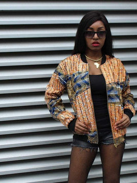 African Bomber Jacket in Gold Orange Print - Festival Jacket