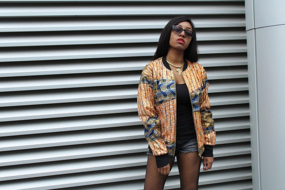 African Bomber Jacket in Gold Orange Print - Festival Jacket - Continent Clothing 