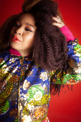 African Bomber Jacket In Metallic Gold Blue - Continent Clothing 