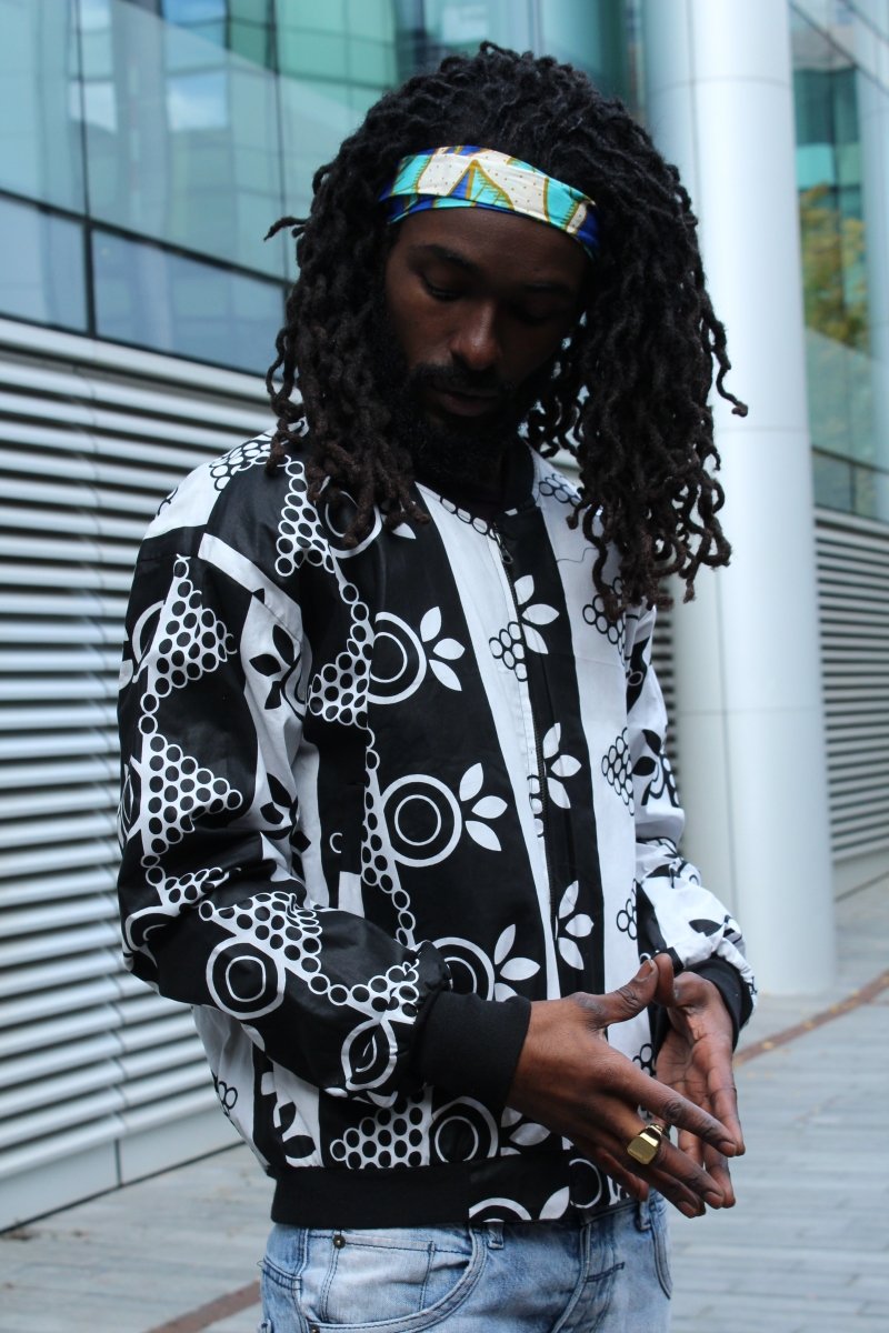 African Bomber Jacket In White & Black - Continent Clothing 