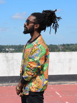 Ropa africana - chaqueta de piloto del festival en letra de oro