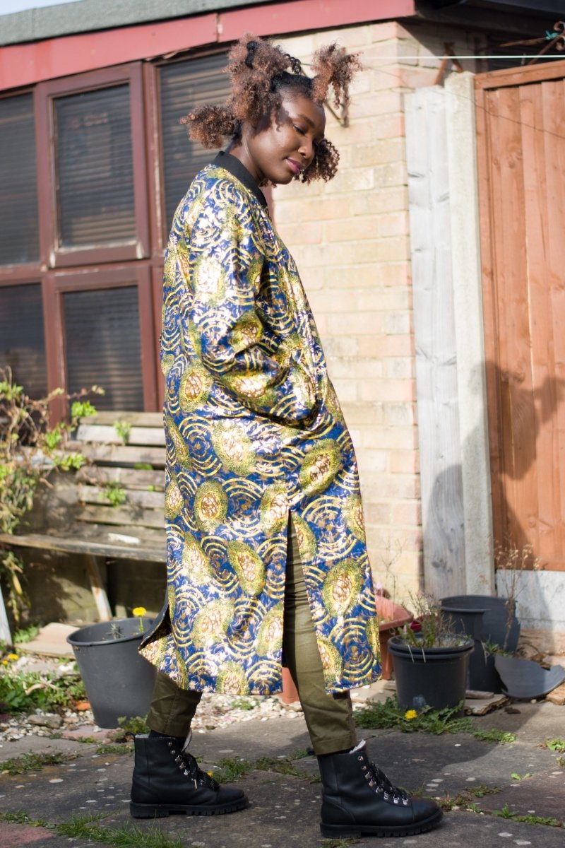 African Coat in Gold Blue Ankara Print - African Trench Coat - Festival Clothing - Continent Clothing 