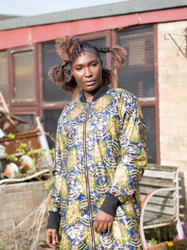 African Coat in Gold Blue Ankara Print - African Trench Coat - Festival Clothing