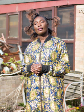 African Coat in Gold Blue Ankara Print - African Trench Coat - Festival Clothing