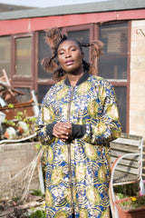 African Coat in Gold Blue Ankara Print - African Trench Coat - Festival Clothing - Continent Clothing 