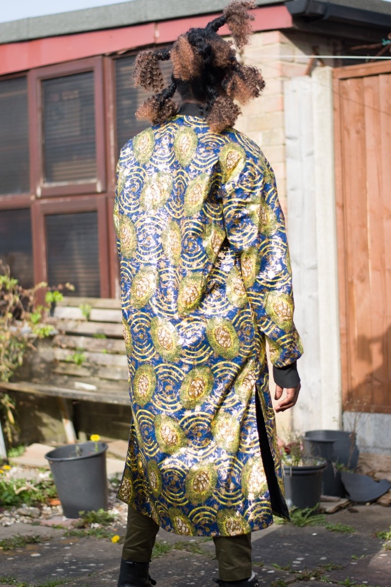 African Coat in Gold Blue Ankara Print - African Trench Coat - Festival Clothing - Continent Clothing 