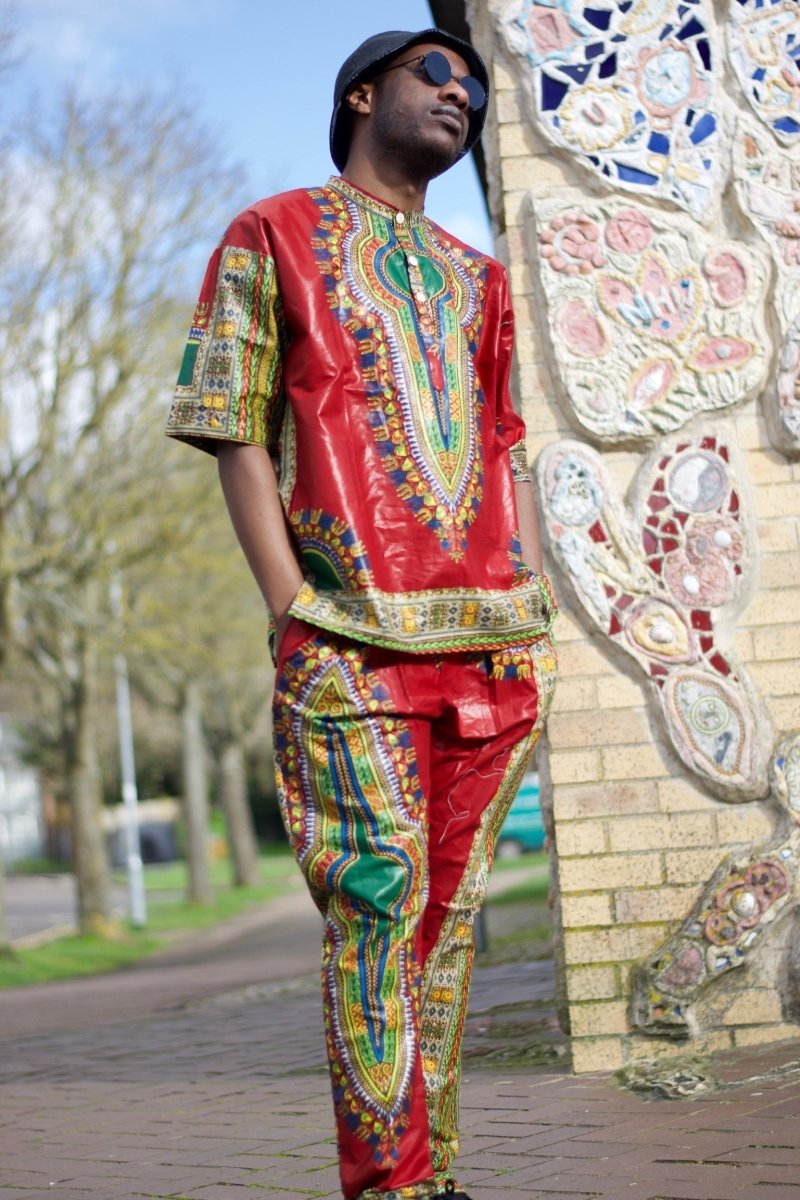 African Dashiki Suit in Red African Print - Festival Clothing - Continent Clothing 