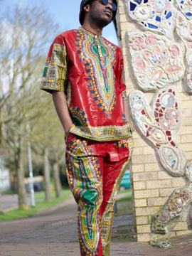 African Dashiki Suit in Red African Print - Festival Clothing