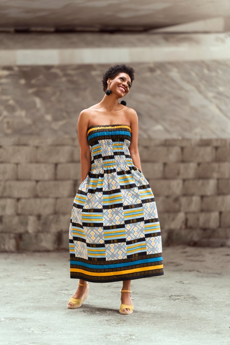 African Dress in Electric Blue Kente - The Continent Clothing