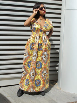 African Dress in Gold Ankara Print - Festival Dress