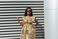 African Dress in Gold Ankara Print - Festival Dress - Continent Clothing 