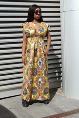 African Dress in Gold Ankara Print - Festival Dress - Continent Clothing 