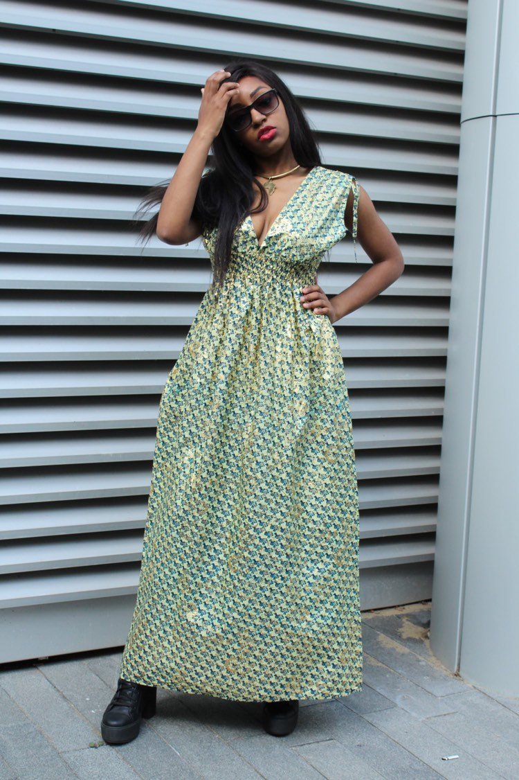 African Dress in Gold Ankara Print - Festival Dress - Continent Clothing 