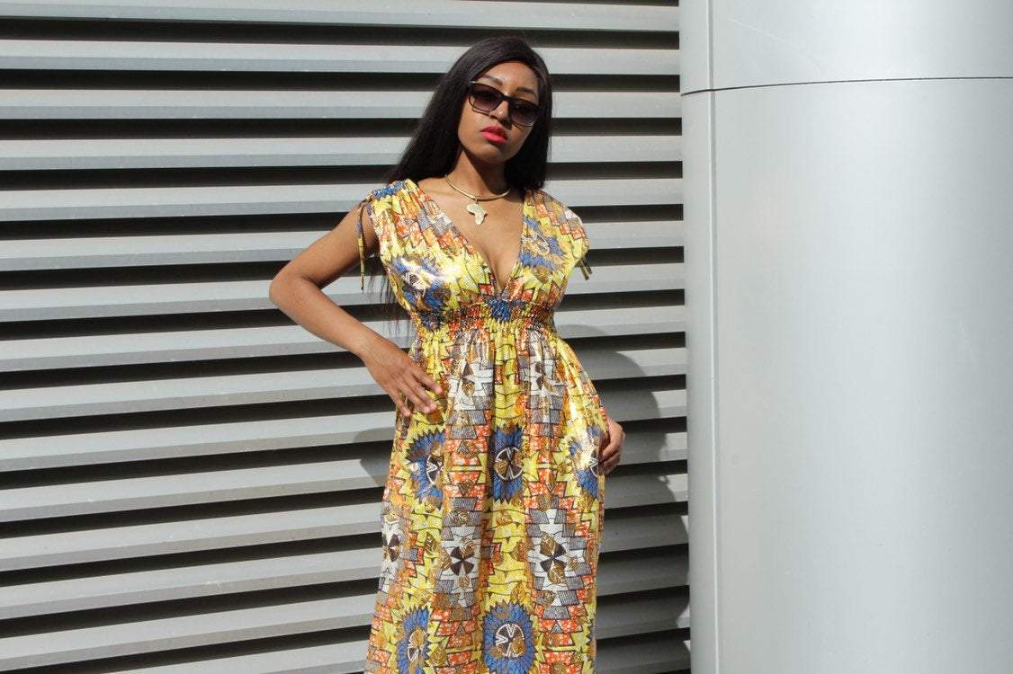 African Dress in Gold Ankara Print - Festival Dress - Continent Clothing 